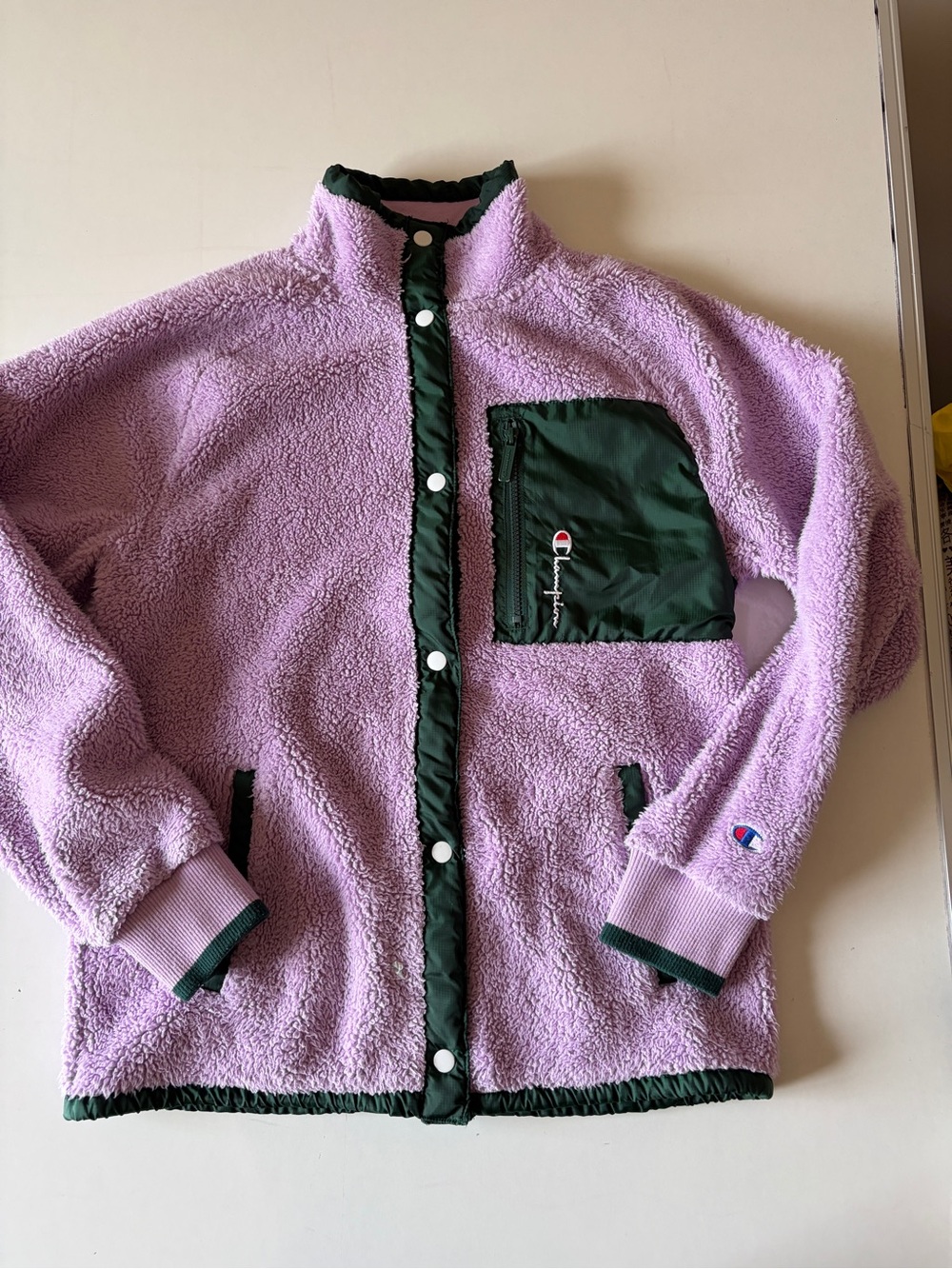 lavender dark green Champion UO Exclusive Sherpa Coach Jacket cozy fleece small